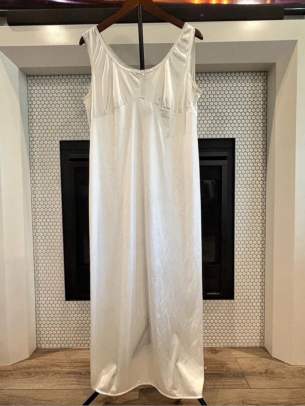 VINTAGE 90s California Dynasty White Nylon Maxi Slip Dress Lace Trim Medium